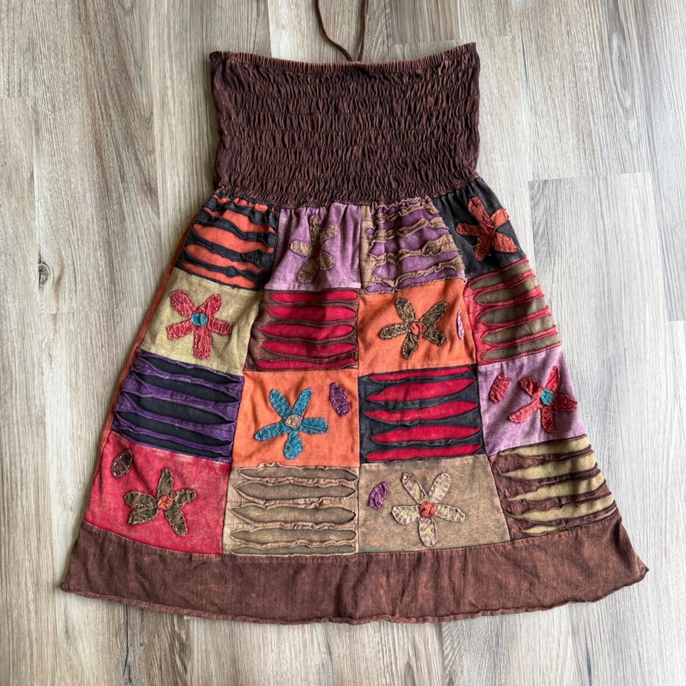 Vintage Y2K Boho Patchwork Smocked Halter Mini Dress Floral Applique Festival S